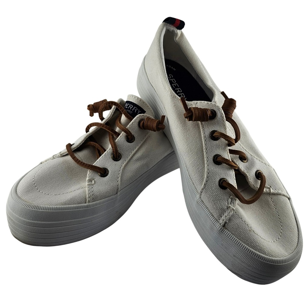 Sperry White Canvas Platform Sneakers with Brown Laces